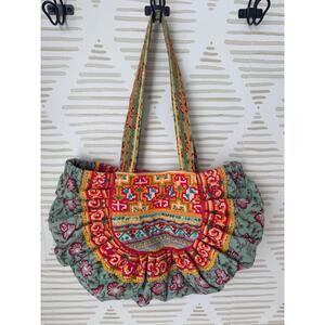 Half Moon Vintage Hmong Nest Embroidered Sequin Tote Shoulder Bag